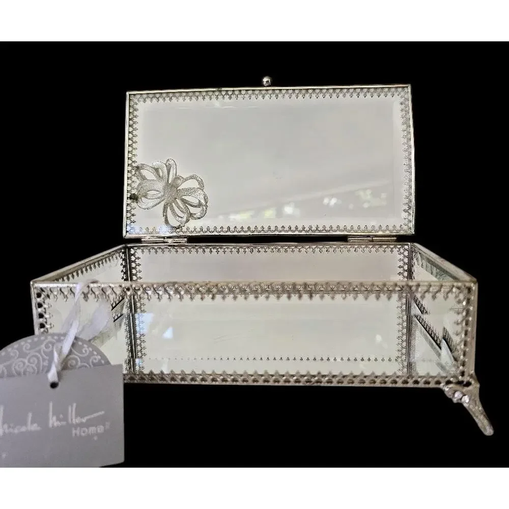 Nicole Miller Ornate Glass Jewelry Box with Crystal Jeweled Embellishment, NWT